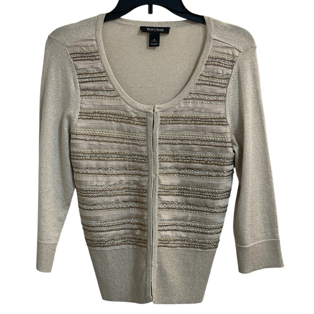 WHBM Beaded Shimmer Cardigan Champagne Silver Small Formal Sparkle Women smalll